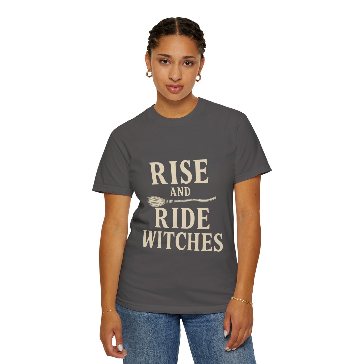 Let's Ride Garment-Dyed Unisex T-Shirt, Casual Tee, Witchy Apparel, Gift for Friends, Halloween Fashion, Cozy Everyday Wear