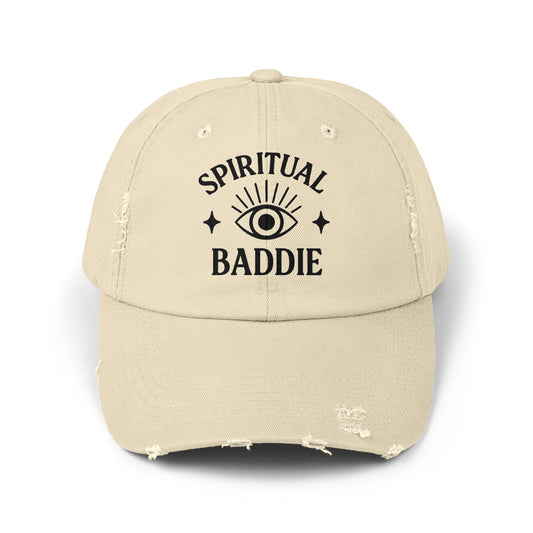 Spiritual Baddie Cap, Unisex Distressed Hat, Trendy Fashion Accessory, Casual Outdoor Wear, Gift for Spiritual Seekers, Cool Cap