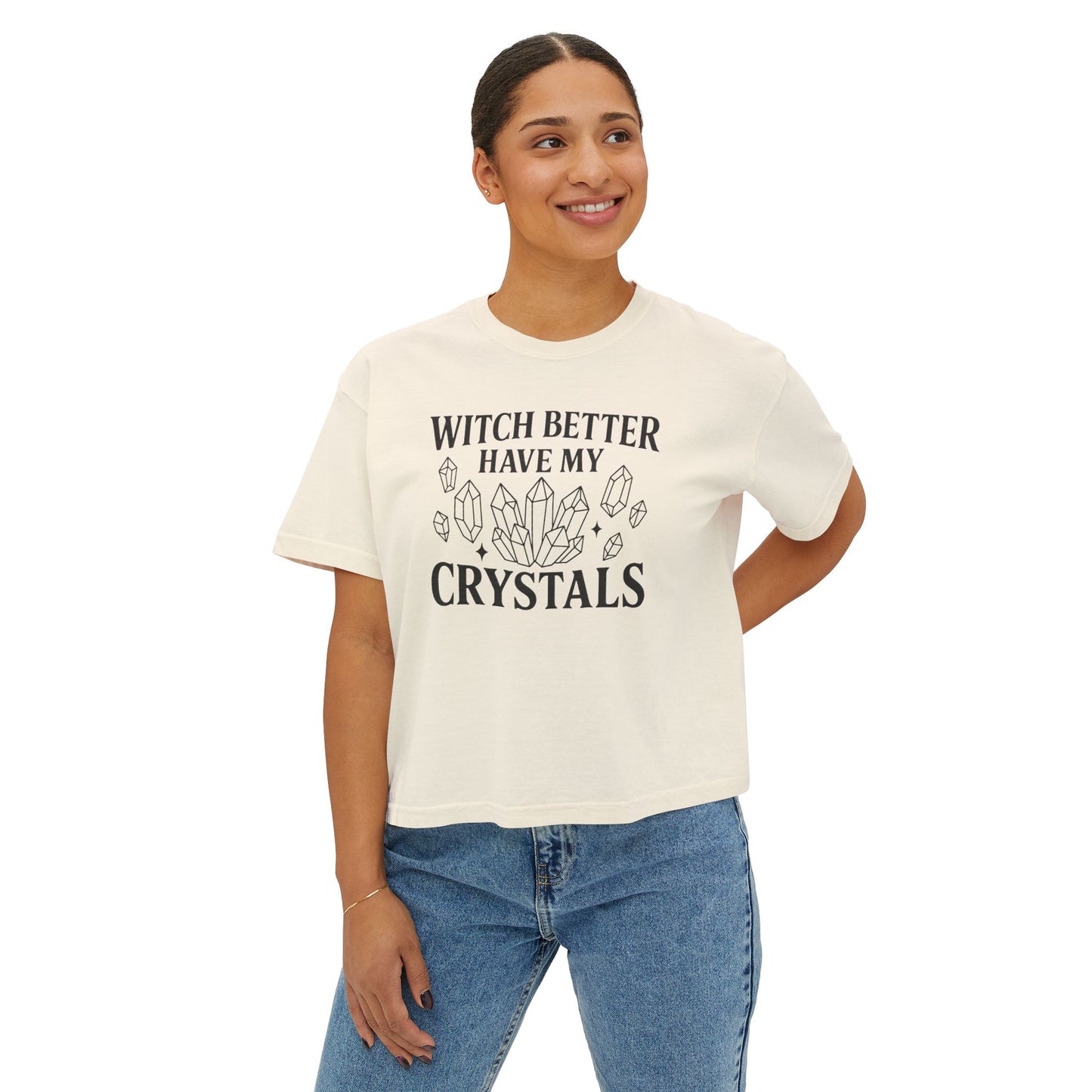 Witchy Crystal Boxy Tee, Vintage Witch Tee, Gift for Witches, Crystal Lover Shirt, Magical Women's Tee, Boho T-Shirt