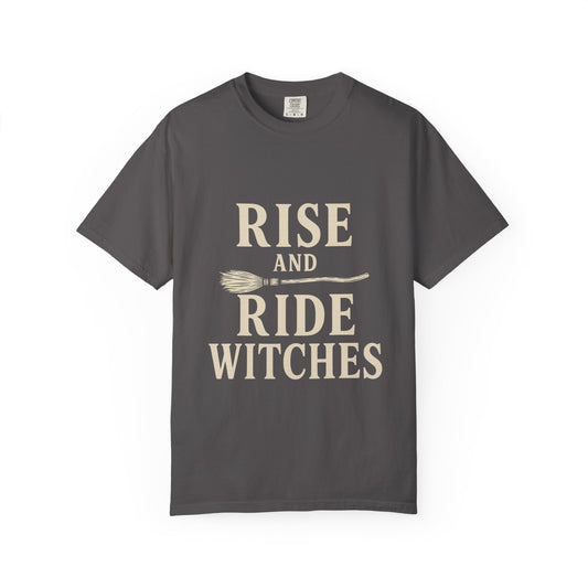 Let's Ride Garment-Dyed Unisex T-Shirt, Casual Tee, Witchy Apparel, Gift for Friends, Halloween Fashion, Cozy Everyday Wear
