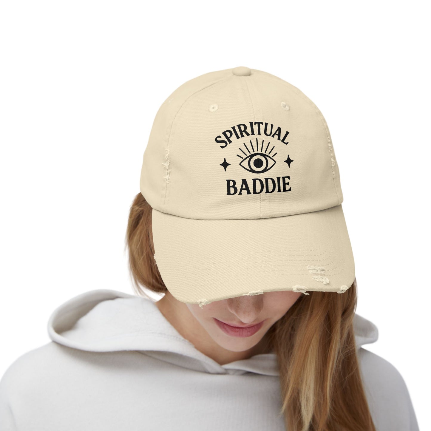 Spiritual Baddie Cap, Unisex Distressed Hat, Trendy Fashion Accessory, Casual Outdoor Wear, Gift for Spiritual Seekers, Cool Cap